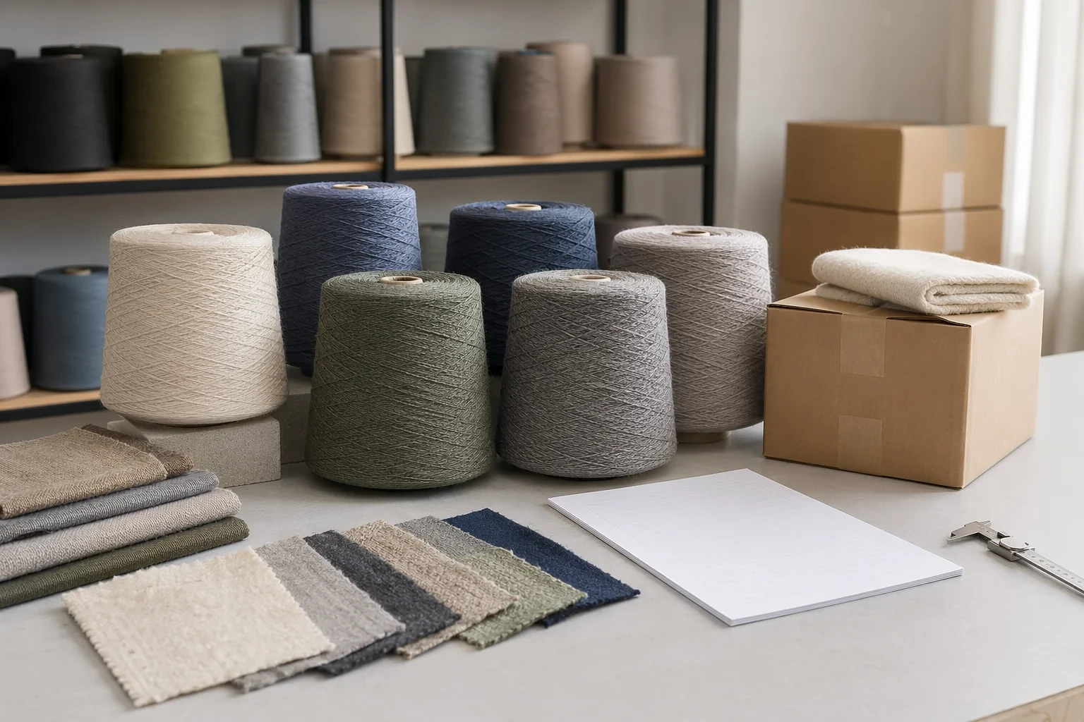 Recycled yarn cones, textile samples, and packing materials prepared for wholesale sourcing review