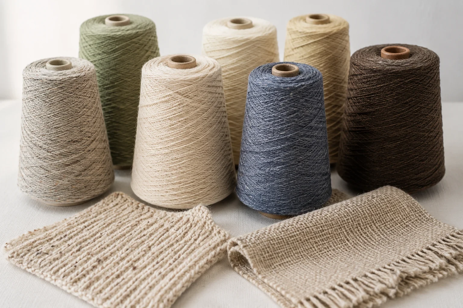 Recycled yarn cones arranged for knitting and weaving product development