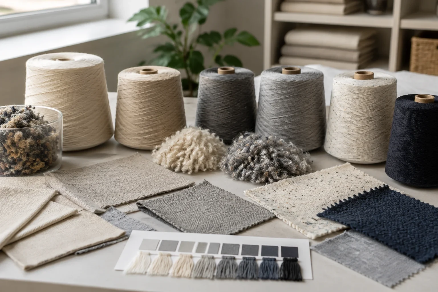 Recycled and regenerated yarn cones prepared for textile sample comparison