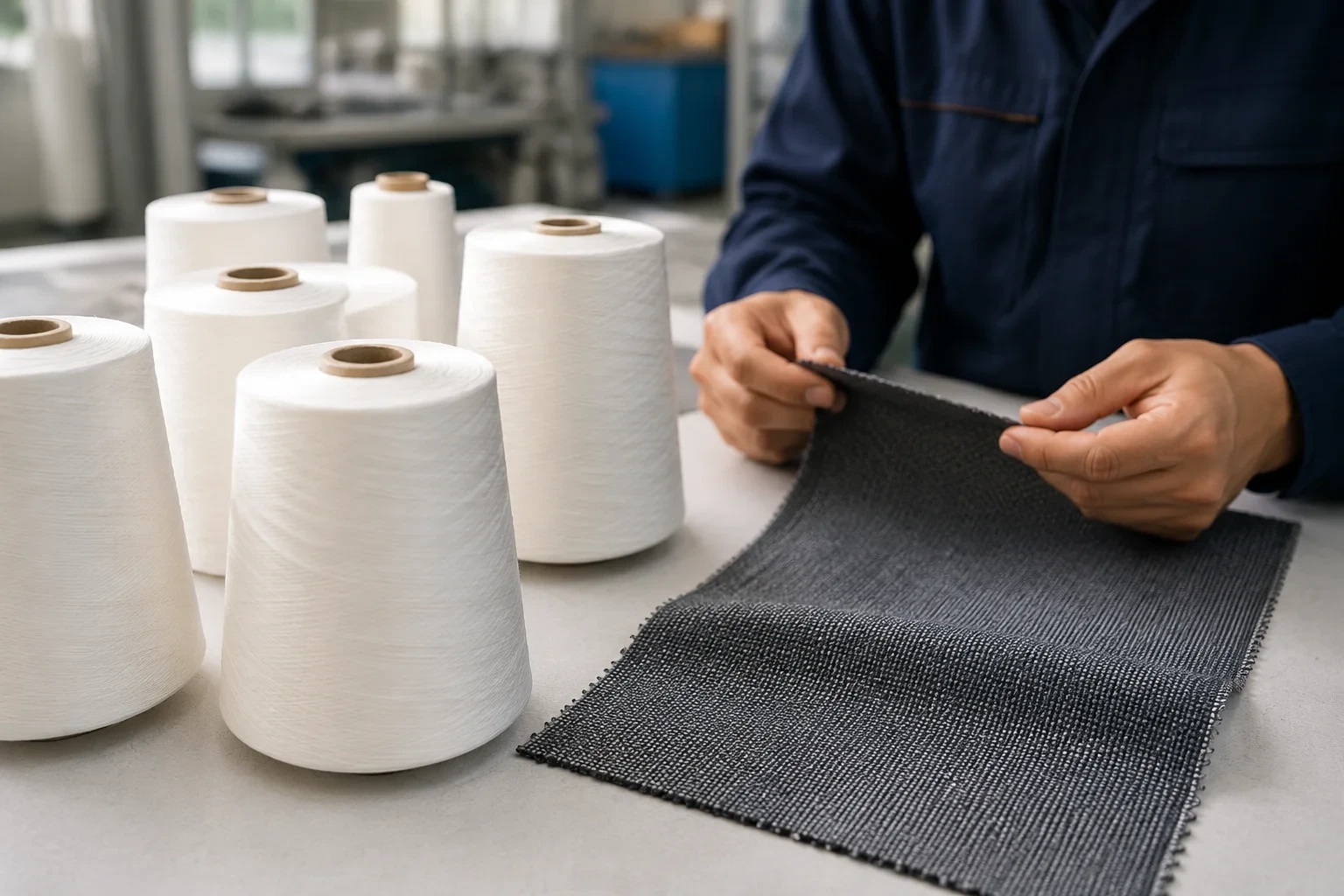 Polyester spun yarn cones prepared for industrial fabric sample testing