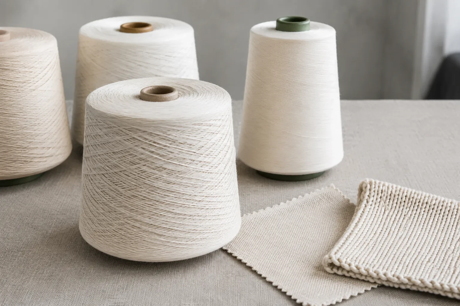 Polyester ring spun yarn cones prepared for weaving and knitting applications